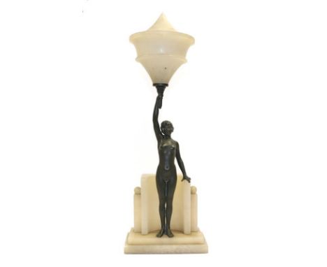 An Art Deco Spelter Figural Table Lamp, modelled as a nude young woman with right arm outstretched upwards holding a two sect