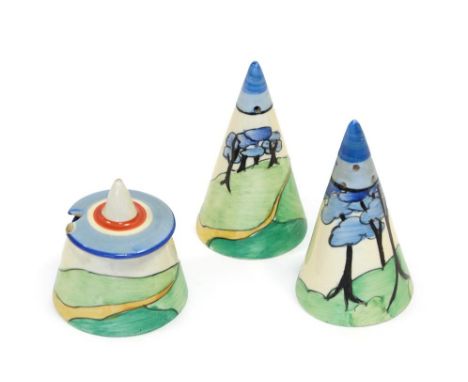 Clarice Cliff (1899-1972): A Bizarre Blue Firs Conical Cruet Set, comprising salt, pepper and mustard, printed mark HAND PAIN
