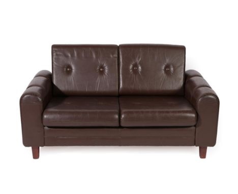 A 1970's Danish Two Seater Leather Sofa, button back and seats, pine frame, 142cm wide, 77cm deep, 73cm high