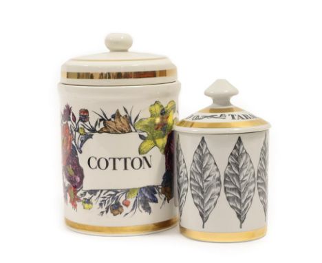Piero Fornasetti (1913-1988): A Cotton Jar and Cover, circa 1960's, printed with flowers within gilt bands, factory mark FORN