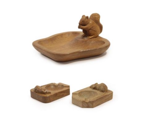 Workshop of Robert Mouseman Thompson (Kilburn): Two English Oak Ashtrays, of standard rectangular form, each with carved mous