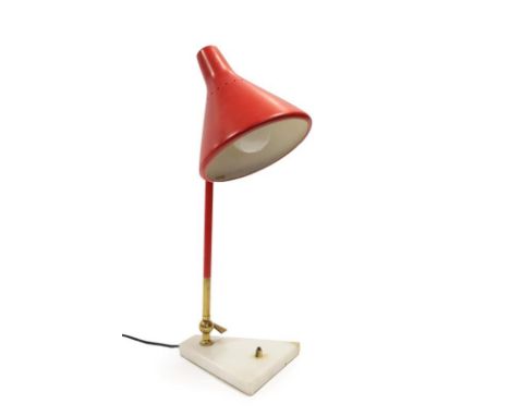 A 1960's Stilux Table Lamp, with a red shade on a lacquered brass and red adjustable arm, on a white marble base, labelled ST