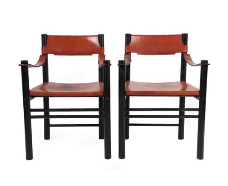 A Pair of 1970's Ibisco Italian Armchairs, black lacquered beech frames, cognac leather seat, back and arms, stamped VERO CUO