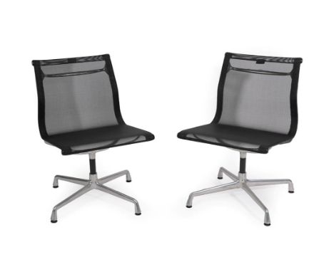 A Pair of Vitra EA105 Aluminium Group Office Chairs, originally designed by Charles and Ray Eames, black mesh and aluminium, 