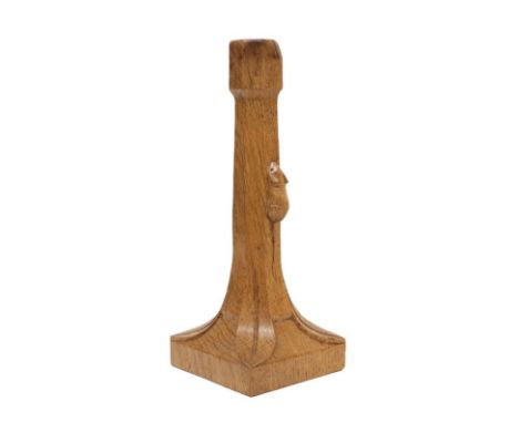 Workshop of Robert Mouseman Thompson (Kilburn): An English Oak Table Lamp, octagonal column on a square base, with carved mou