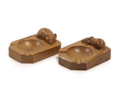 Workshop of Robert Mouseman Thompson (Kilburn): Two English Oak Ashtrays, of standard rectangular form, each with carved mous