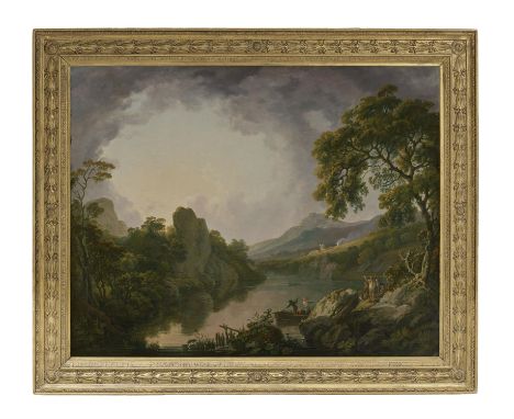 George Barrett Snr RA (c.1730 - 1784)Sun Rising: An Extensive Wooded Landscape with Fishermen Oil on canvas, 101.5 x 126 cm (