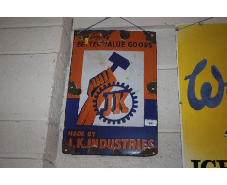 An enamel "JK Industries" advertising sign, 45.5cm x 30cm