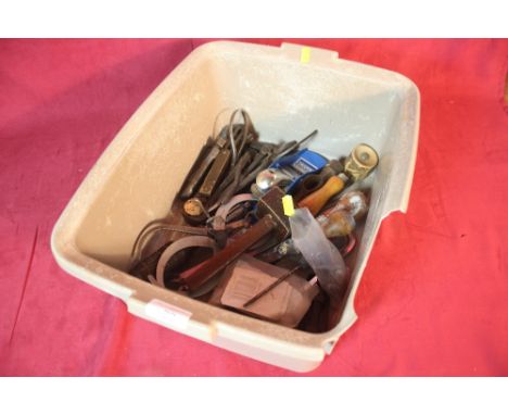 A box of various small wood working tools, calipers etc. 