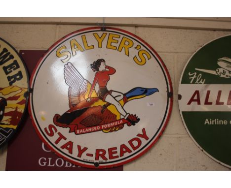 A circular enamel advertising sign for "Salyer's Stay-Ready", 75.5cm dia.