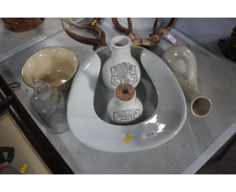 An original Perfection bed and douche pan; two inhalers; an enamel chamber pot etc. 