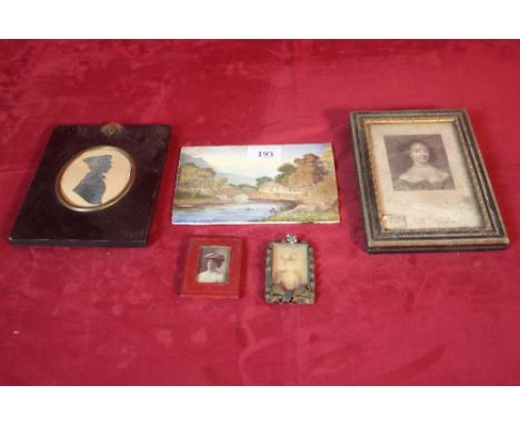 Two late Victorian / Edwardian portrait photographs; a porcelain plaque depicting a Caernarfonshire scene; 19th Century silho