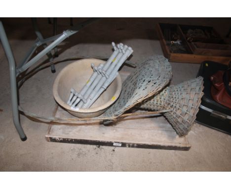 An old pine draining board; an expanding hat and coat rack; wicker basket etc. 