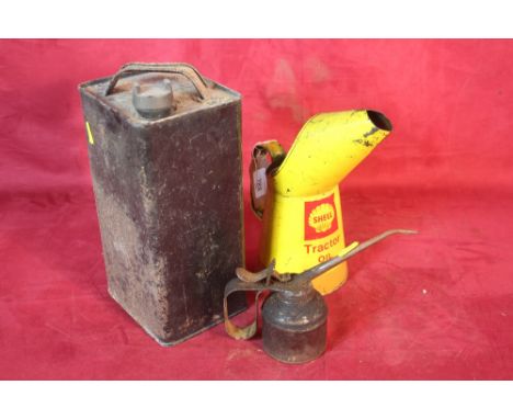 A Shell Tractor Oil can; a green painted petrol can with brass cap and an oil can