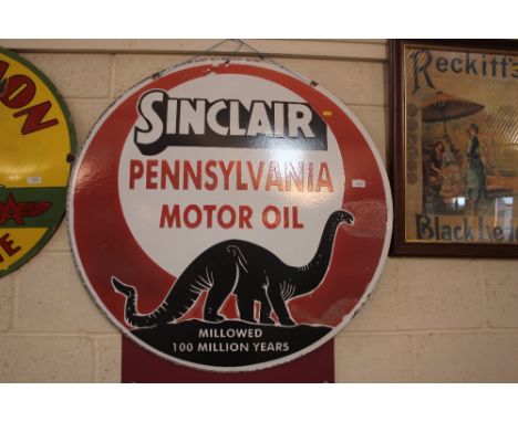 A circular enamel advertising sign for "Sinclair Pennsylvania Motor Oil", 87cm dia.