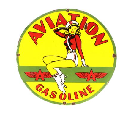 A circular enamel "Aviation Gasoline" advertising sign, 74cm dia.