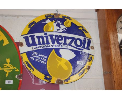 A circular enamel advertising sign for "Univerzoil" (Universal Viscosity) 46cm dia.