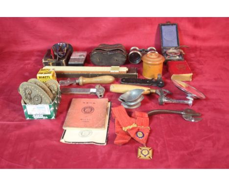 A box containing miscellaneous items including a pair of 19th Century pewter salts, a pair of cased opera glasses, vintage ca
