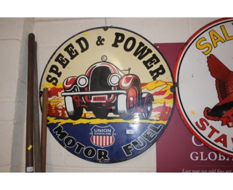 A circular enamel advertising sign for "Speed And Power Motor Fuel", 73cm dia.