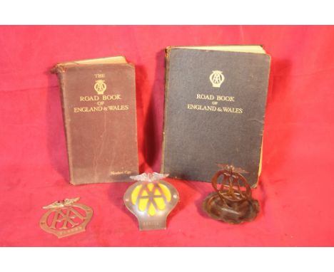 Three vintage AA badges and two copies of the  Road Book of England and Wales