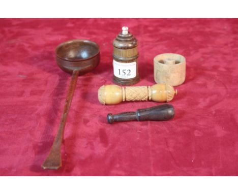 A treen punch ladle, a Go To Bed, Codd Bottle Opener; carved vegetable ivory needle companion and miniature treen pestle