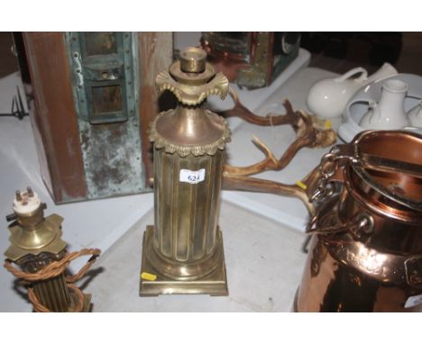 A large Victorian style brass table lamp, fluted column and square base, 40cm high