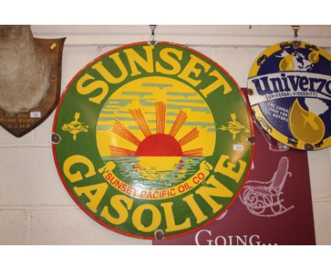 A circular enamel advertising sign for "Sunset Gasoline", 76cm dia.