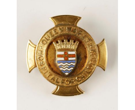A GOLD (9CT) AND ENAMEL QUEEN MARY'S HOSPITAL FOR CHILDREN BROOCH, engraved (L.C.C. Sick Children's Hospitals Service, To Joy