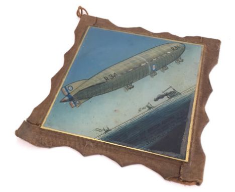 A REVERSE COLOURED PRINT TO GLASS, The British Airship R34, the first to cross the Atlantic from England to America, 3100 mil