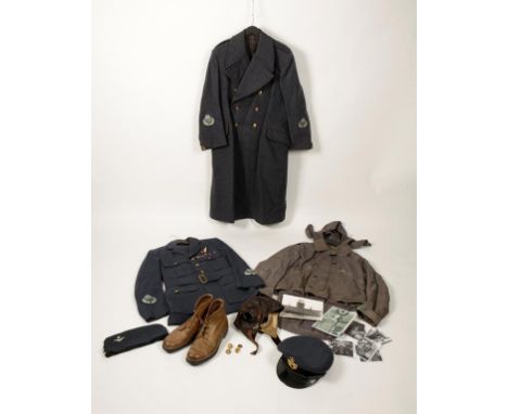 A POST SECOND WORLD WAR PILOTS UNIFORM with overcoat, leather flying cap, flat cap and peaked cap, with boots and related eph