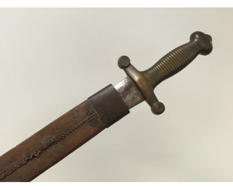 A FRENCH SIDEARM with brass handle, and engraved blade with leather scabbard, 19th century.