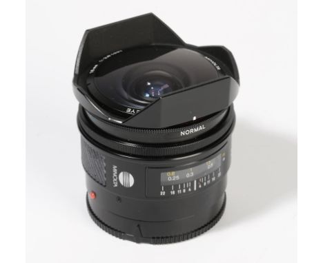 A MINOLTA AF FISH-EYE F2.8/16 LENS, black, serial no. 20201499.