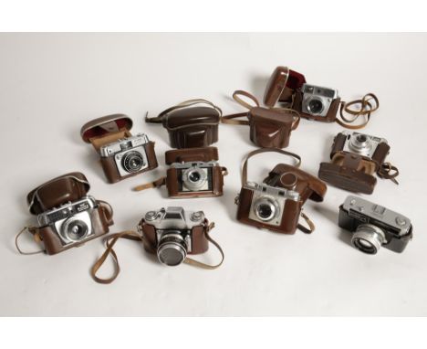 AN ILFORD SPORTSMAN CAMERA, a Frankarette Super camera, and other various cameras in leather cases. (10)