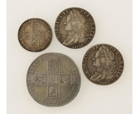 GREAT BRITAIN, MIXED COINS, George II, Halfcrown, 1746 LIMA, Shillings, 1745 LIMA (2), Sixpence, 1746 LIMA. AF-AVF. (4 coins)
