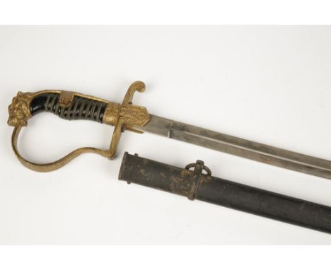 A SECOND WORLD WAR NAZI OFFICERS SWORD, with lion head pommel, impressed marks on blade, with black painted scabbard.