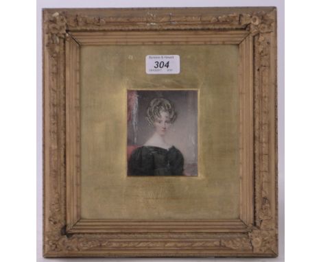 Early 19th century miniature watercolour on ivory, portrait of a woman, unsigned, 3.75" x 3", framed.