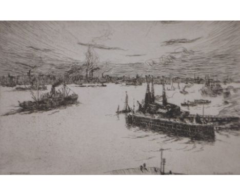 Arthur Briscoe (1873-1943),etching, Gravesend Reach, signed in pen no. 14/75, plate size 6.5" x 10", framed.