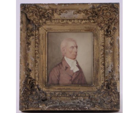 A Roffe,18th century watercolour, half length portrait of Richard Lea circa 1756, signed with old label verso, 5.5" x 4.75", 
