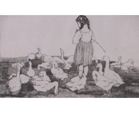 Dutch School,drypoint etching, girl with geese, indistinctly signed in pencil, plate size 4.25" x 7", framed.
