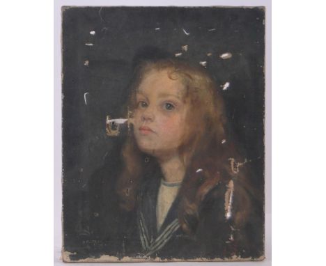 19th century oil on canvas, portrait of a young girl, unsigned, 20" x 16", a/f, unframed.