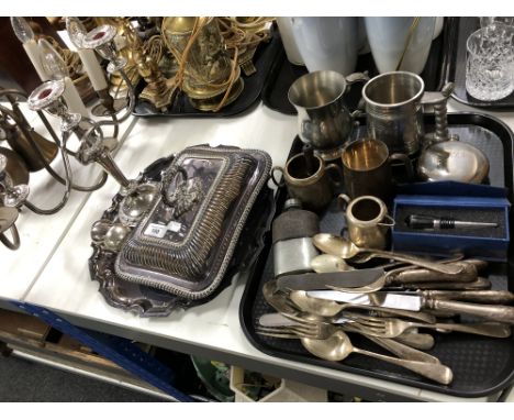 A tray of pewter tankards, silver plated entree dish and cover, candelabrum, loose cutlery, hip flask