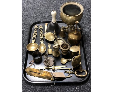 A tray of large ornamental brass key, brass spoons, Salter's improved spring balance scale no.2, hand bell etc 