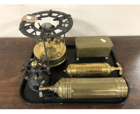 A tray of vintage King of Stoves SVEA no. 5 brass gas stove, two vintage brass fire extinguishers, brass lidded box etc 