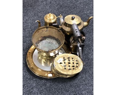 A tray of brass porthole mirror, vintage brass blow torch, brass teapot etc 