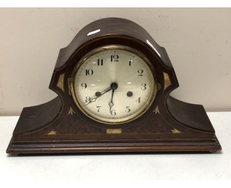 An Edwardian inlaid mahogany eight day mantel clock with silvered dial 