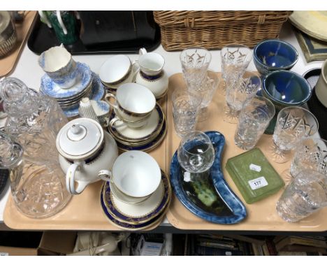 Two trays of cut crystal decanters with stoppers, part Aynsley and Royal Grafton tea set, green glass trinket box, cut glass 