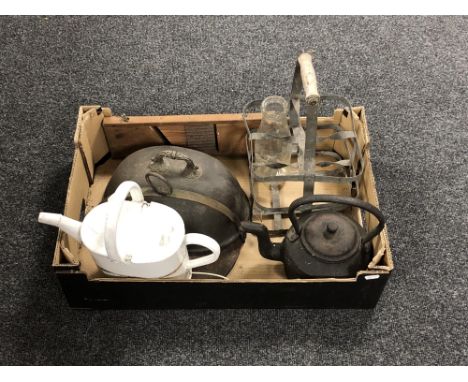 A box of antique metal ware - painted metal watering can, cast iron teapot, metal vintage milk bottle carrier etc 