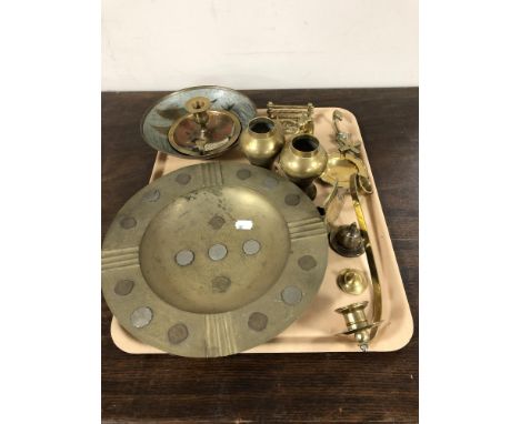 A tray of brass ware - coin inset dish, animal ornaments, enamelled chamber stick and bowl etc 