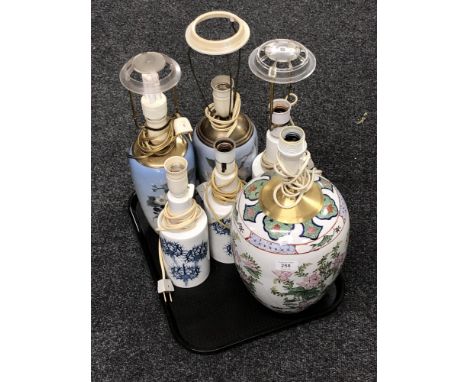 A tray of five Royal Copenhagen table lamps and Oriental table lamp (Continental wiring) CONDITION REPORT: All appear to be i