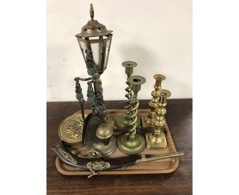 A tray of ornament percussion cap pistol, fire side companion set, two pairs of brass candlesticks, brass lamp in the form of